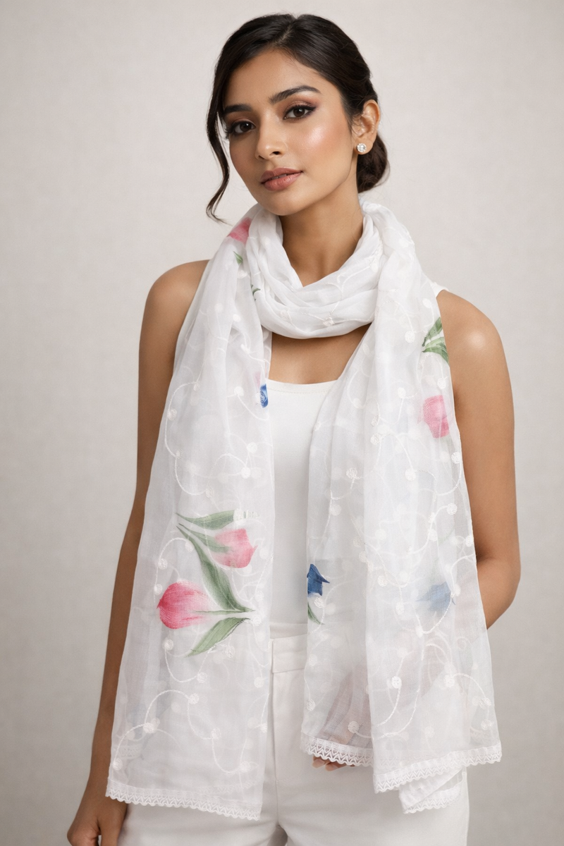 Women's White Chiffon Thread Work Floral Printed Dupatta