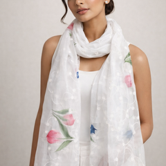 Women's White Chiffon Thread Work Floral Printed Dupatta