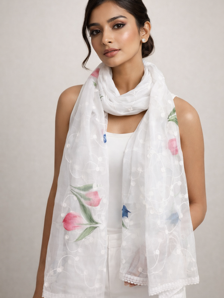 Women's White Chiffon Thread Work Floral Printed Dupatta