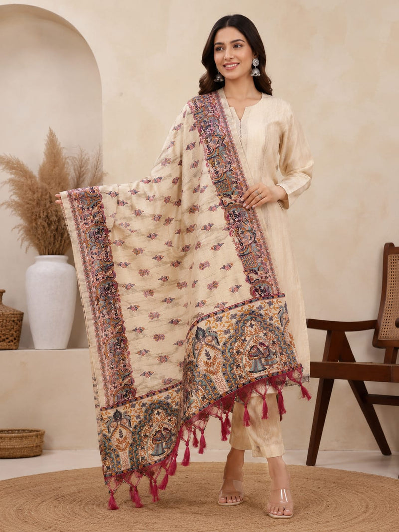 Kalamkari Printed Art Silk Dupatta for Women.