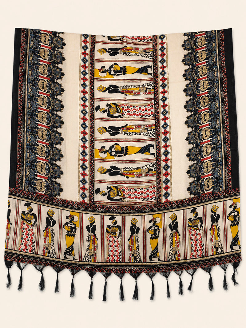 Women's Art Silk Printed Dupatta | Tribal & Warli Print Tassel Dupatta