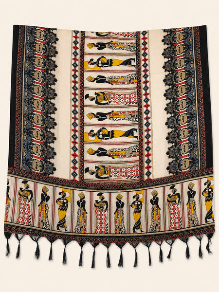 Women's Art Silk Printed Dupatta | Tribal & Warli Print Tassel Dupatta