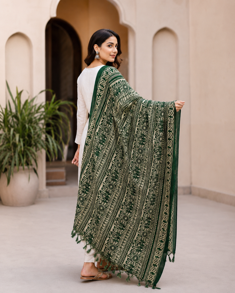 Bottle Green Art Silk Printed Dupatta with Ethnic Elephant Motif Design