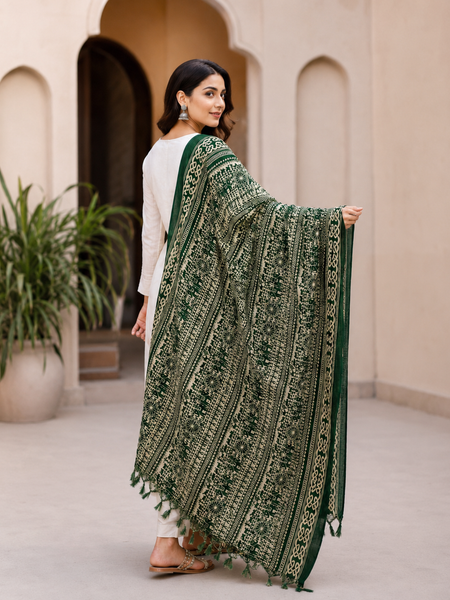 Bottle Green Art Silk Printed Dupatta with Ethnic Elephant Motif Design