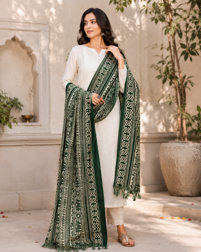 Bottle Green Art Silk Printed Dupatta with Ethnic Elephant Motif Design
