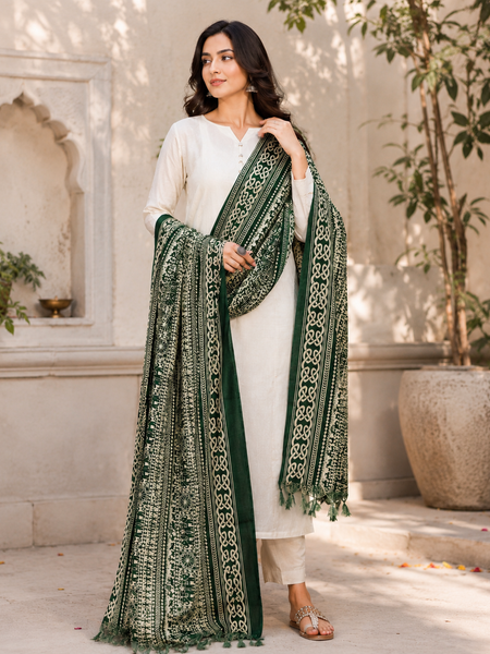 Bottle Green Art Silk Printed Dupatta with Ethnic Elephant Motif Design