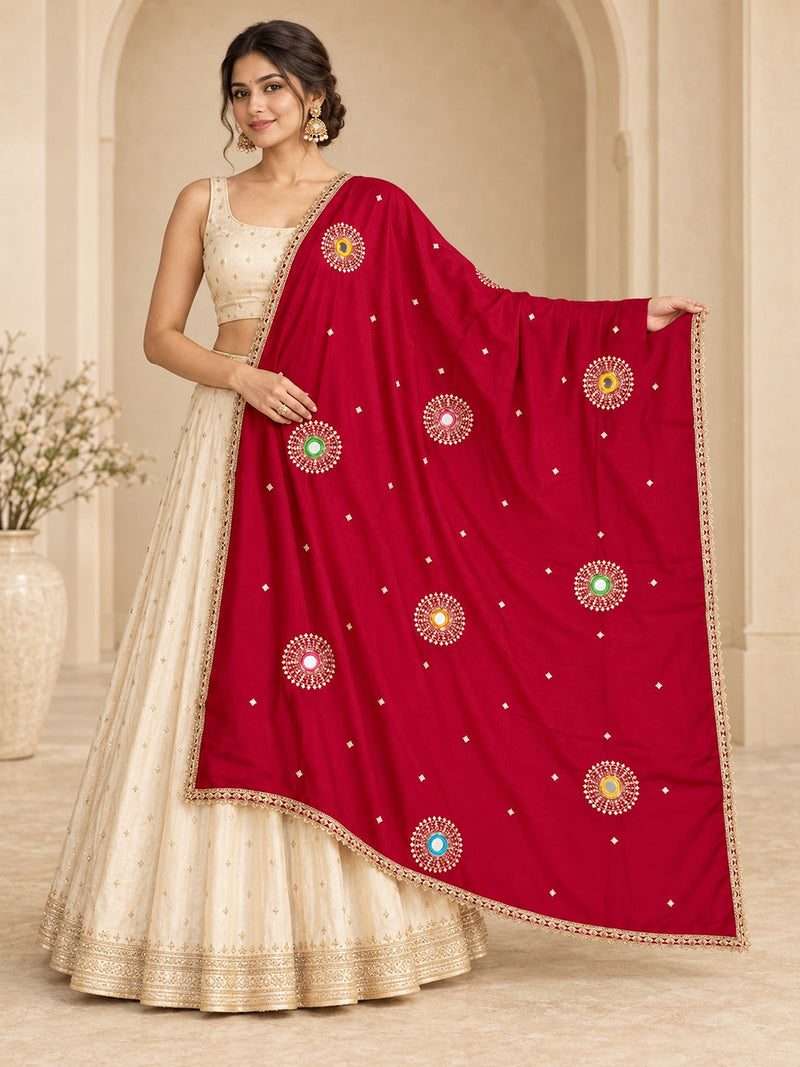Rani Pink Chinon Dupatta with Mirror & Sequin Work