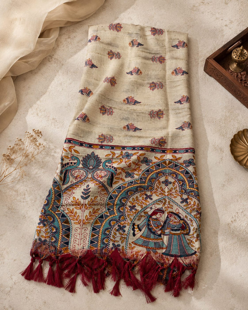 Kalamkari Printed Art Silk Dupatta for Women.