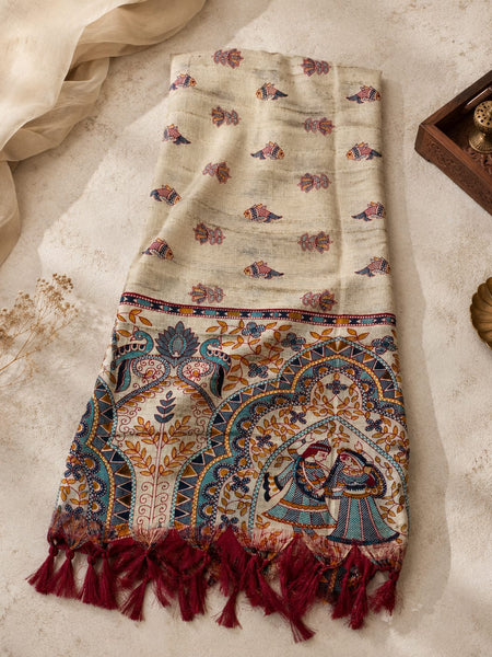Kalamkari Printed Art Silk Dupatta for Women.