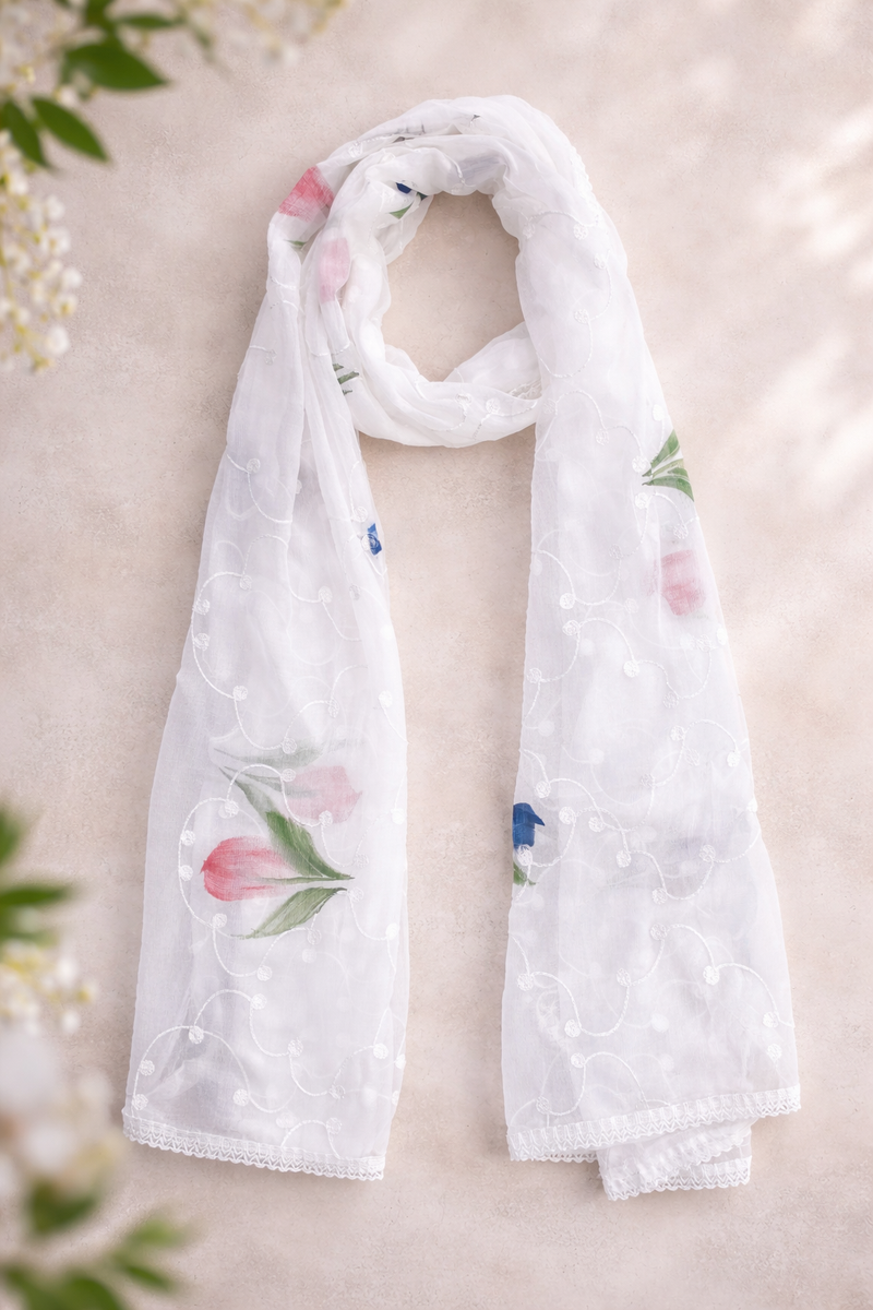 Women's White Chiffon Thread Work Floral Printed Dupatta