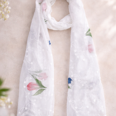 Women's White Chiffon Thread Work Floral Printed Dupatta