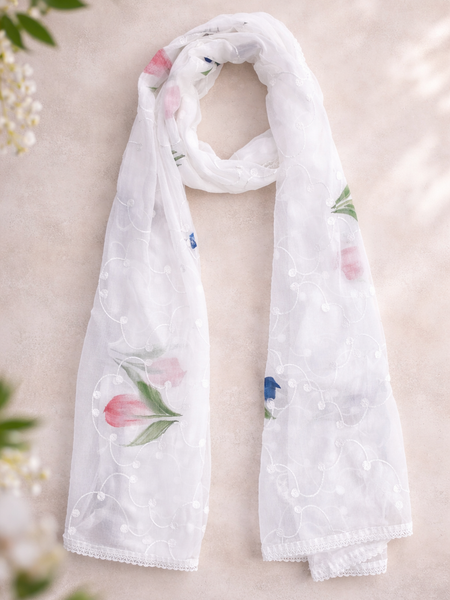 Women's White Chiffon Thread Work Floral Printed Dupatta