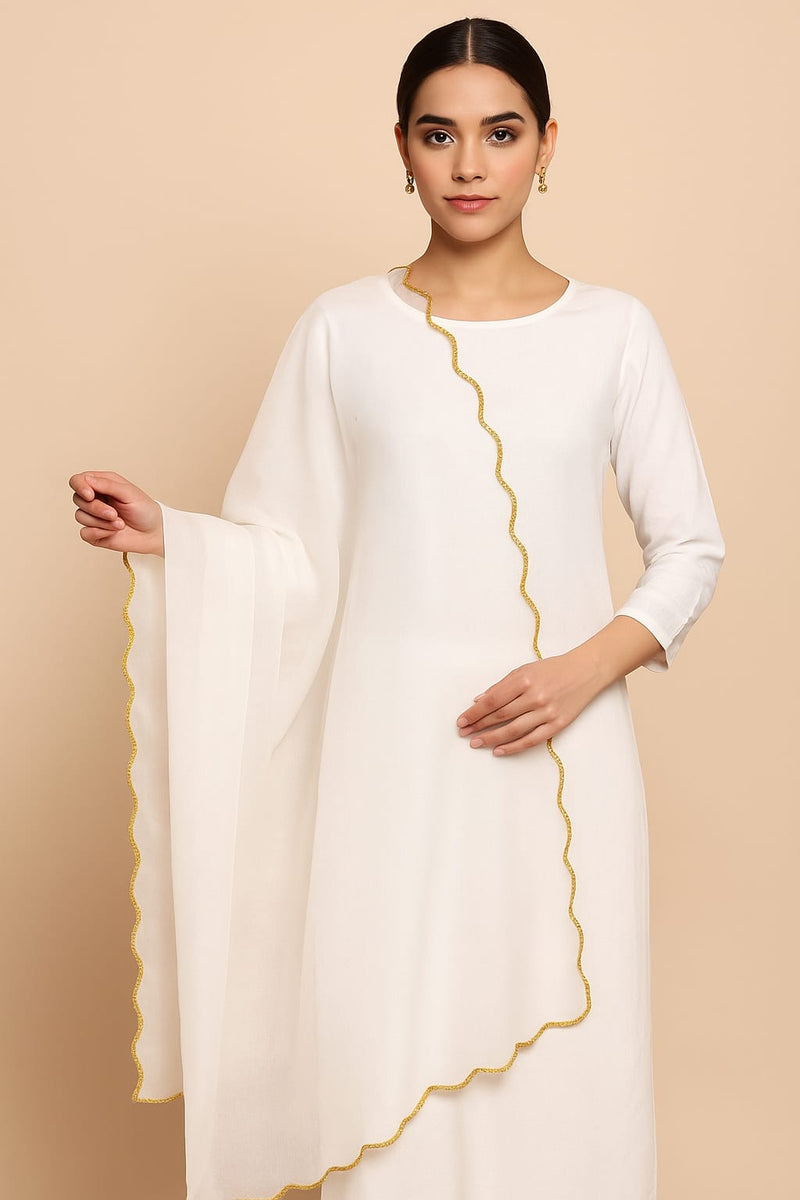 Elegant Organza Plain Dupatta with Gold Scallop Border – Pure White Ethnic Wrap
