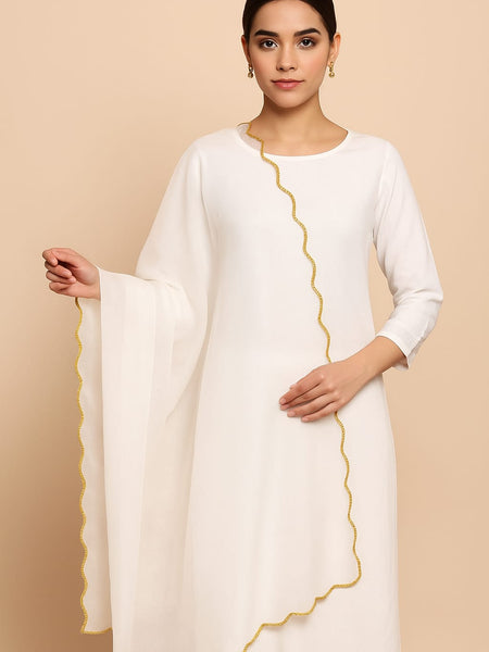 Elegant Organza Plain Dupatta with Gold Scallop Border – Pure White Ethnic Wrap