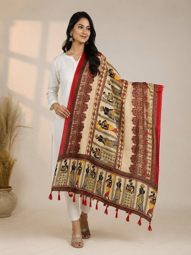 Women's Art Silk Printed Dupatta | Tribal Warli Print Tassel Dupatta