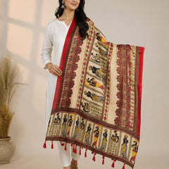 Women's Art Silk Printed Dupatta | Tribal Warli Print Tassel Dupatta