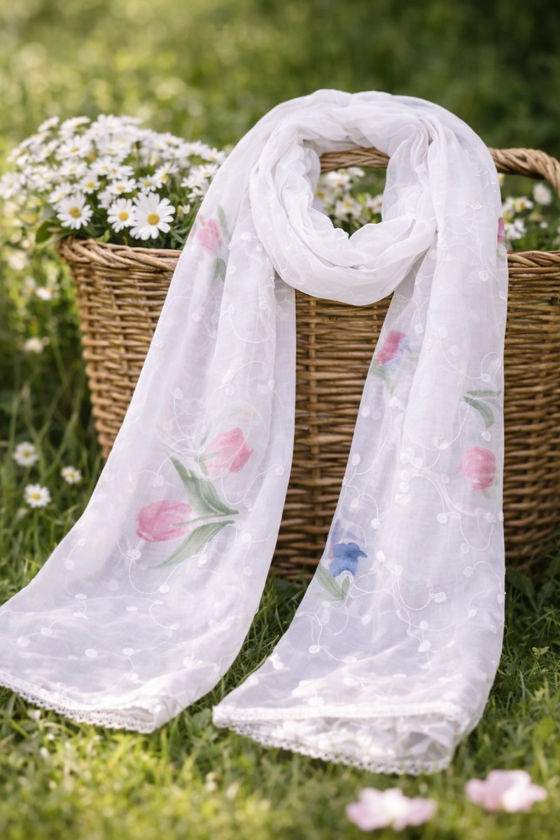 Women's White Chiffon Thread Work Floral Printed Dupatta