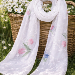 Women's White Chiffon Thread Work Floral Printed Dupatta