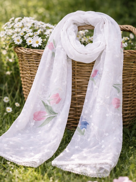 Women's White Chiffon Thread Work Floral Printed Dupatta