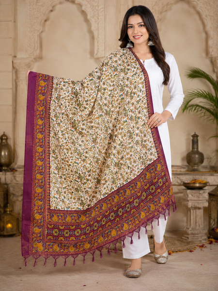 Women’s Art Silk Kalamkari Printed Dupatta with Traditional Paisley Border & Tassels