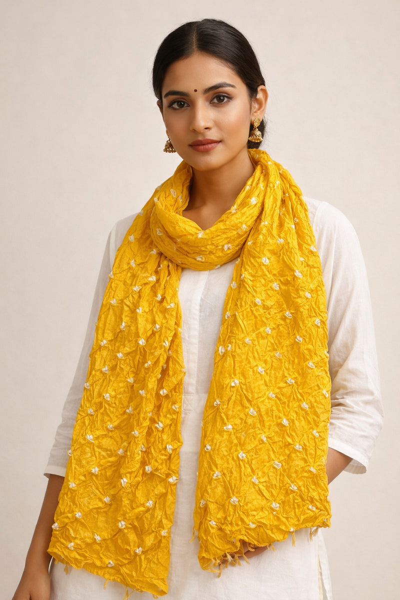 Mustard Yellow Bandhani Style Cotton Dupatta for Women