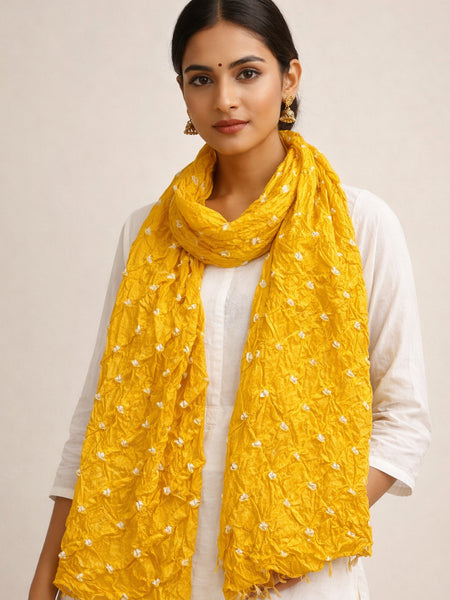 Mustard Yellow Bandhani Style Cotton Dupatta for Women