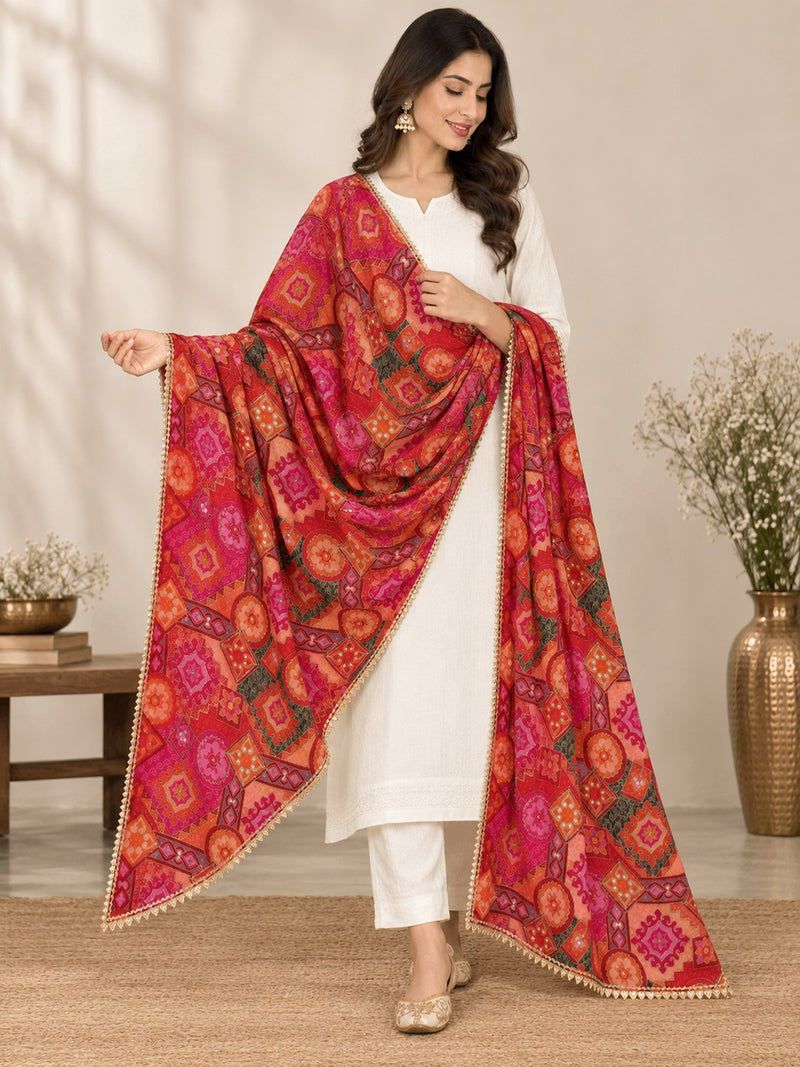 Chanderi Silk Rajwadi Printed Dupatta with Sequin Work & Decorative Border
