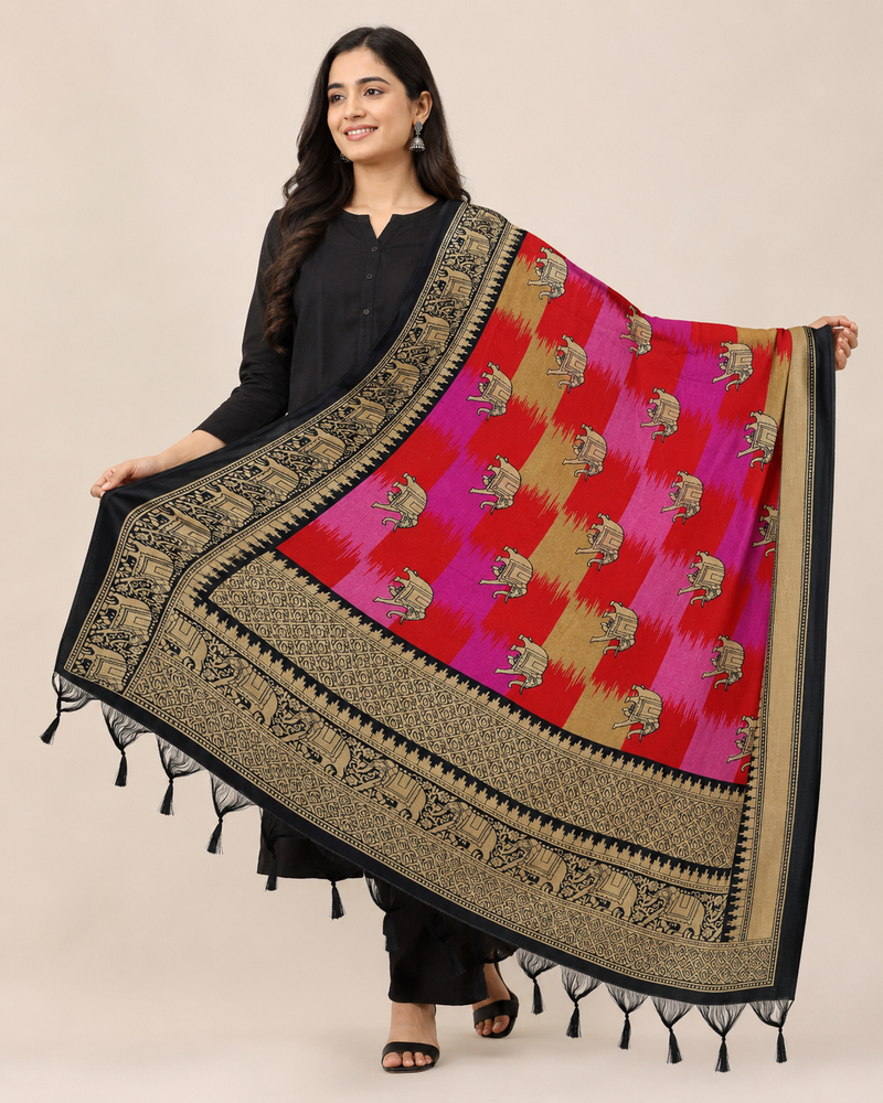Multicolour Art Silk Elephant Printed Dupatta with Black Border & Tassels for Women