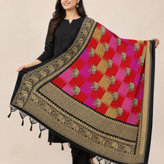 Multicolour Art Silk Elephant Printed Dupatta with Black Border & Tassels for Women