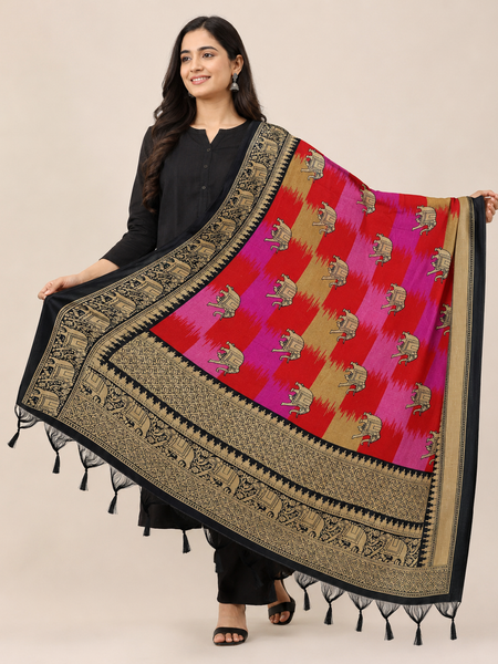 Multicolour Art Silk Elephant Printed Dupatta with Black Border & Tassels for Women