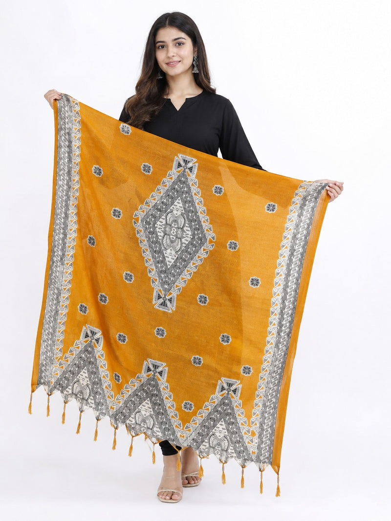 Women’s Yellow Art Silk Traditional Printed Dupatta with Contrast Border and Tassels