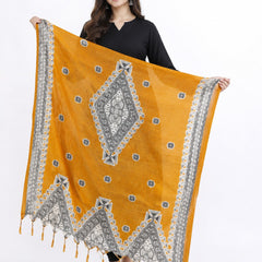 Women’s Yellow Art Silk Traditional Printed Dupatta with Contrast Border and Tassels
