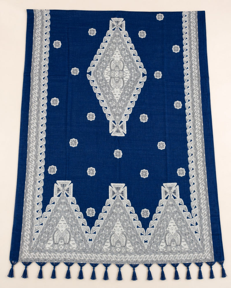 Women’s Blue Art Silk Traditional Printed Dupatta with Contrast Border and Tassels
