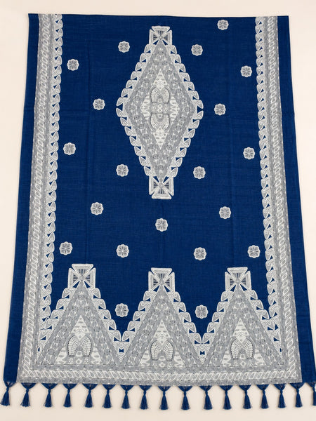 Women’s Blue Art Silk Traditional Printed Dupatta with Contrast Border and Tassels