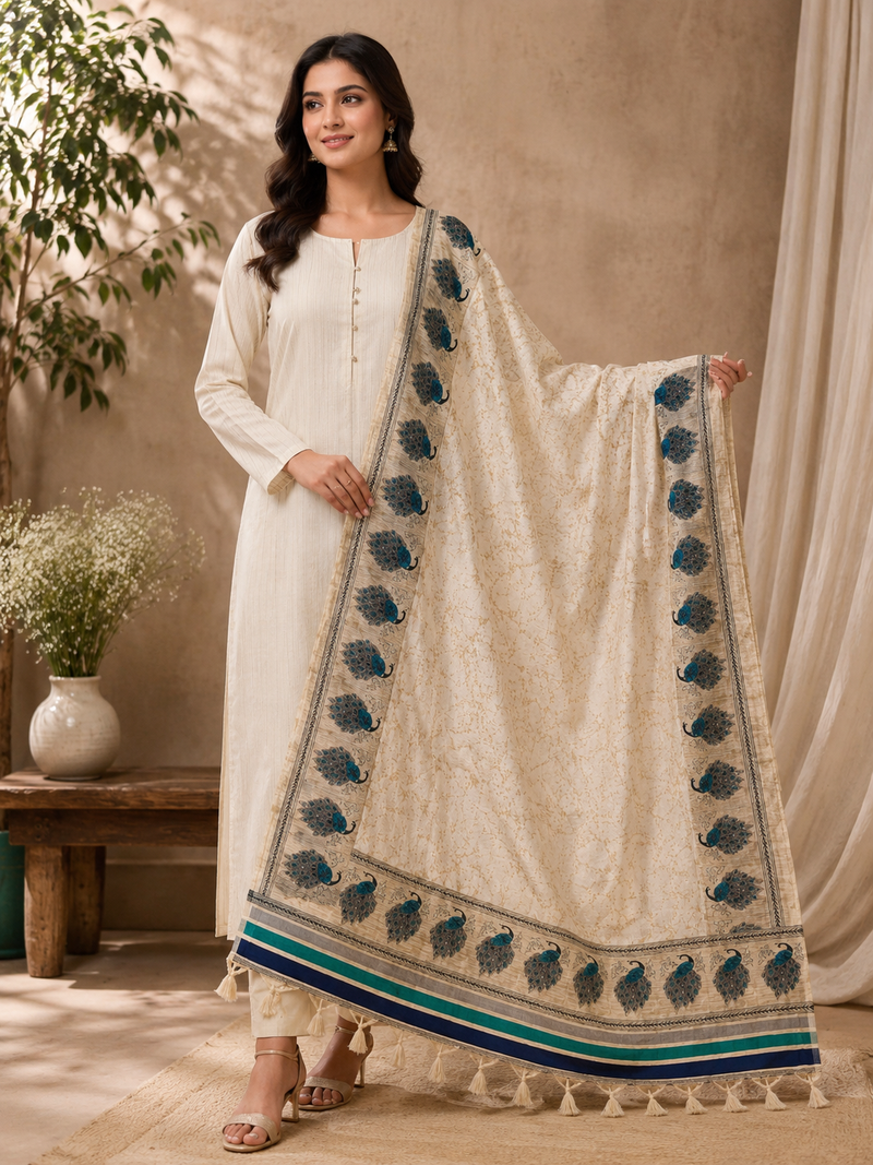 Women's Art Silk Printed Peacock Border Tassel Dupatta