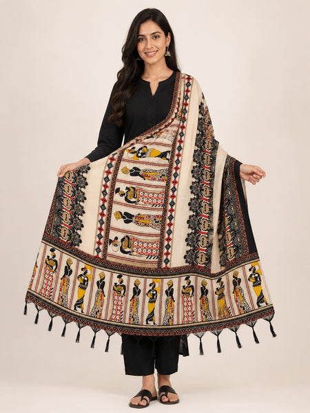 Women's Art Silk Printed Dupatta | Tribal & Warli Print Tassel Dupatta