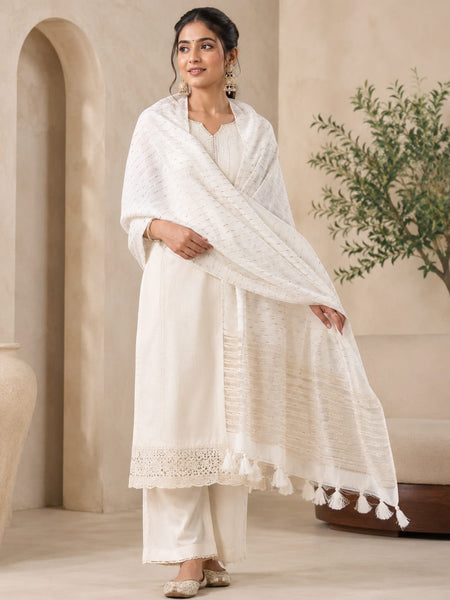 Dupatta Women's Cotton Chanderi Dupatta with Golden Woven Stripes & Tassels