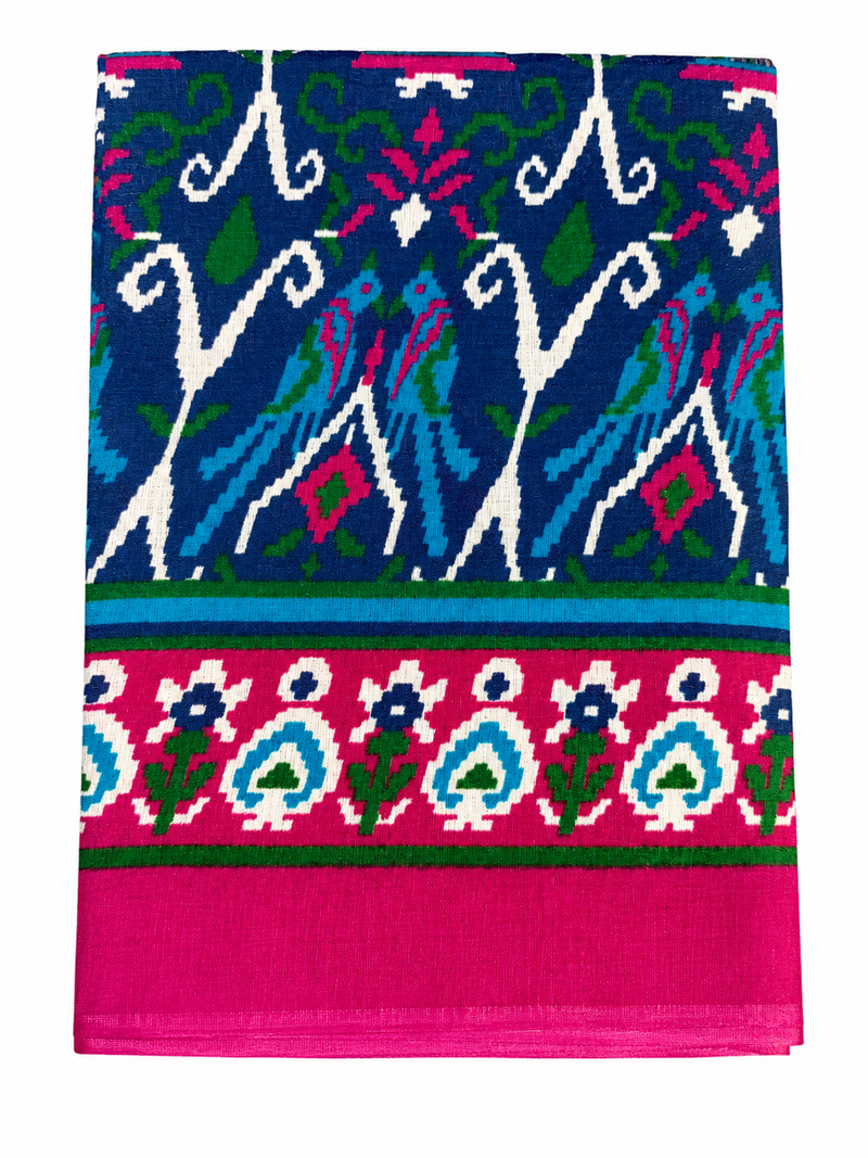 Navy Blue Art Silk Printed Dupatta with Pink Border & Tassels for Women