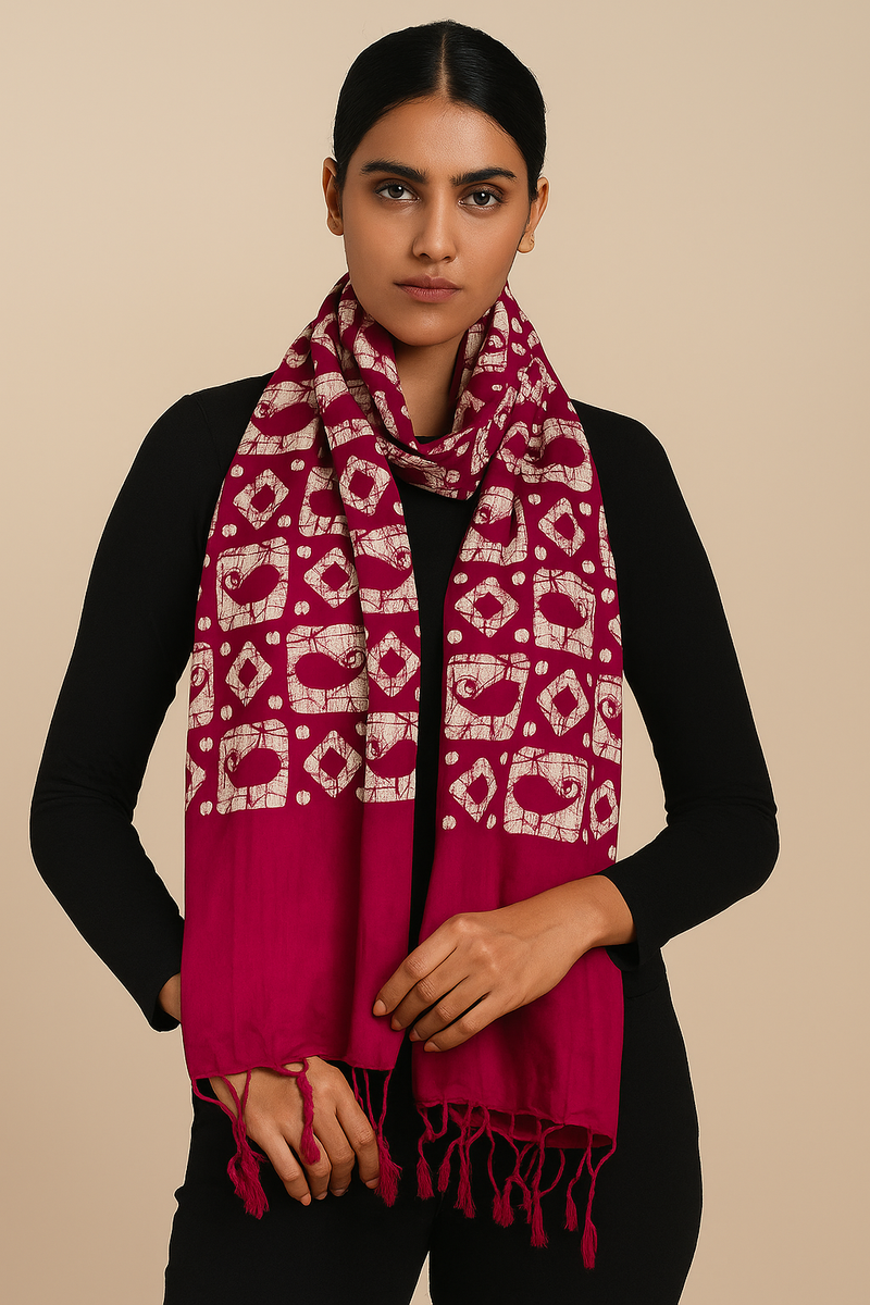 Red/Rani/Navy blue Batik Print Cotton Scarf for Women – Soft, Lightweight & Stylish