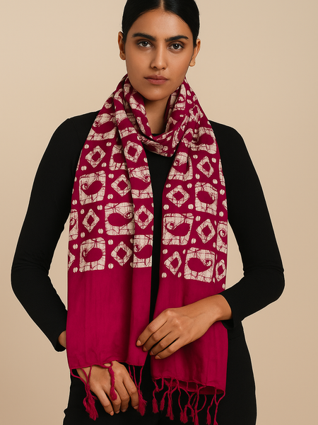 Red/Rani/Navy blue Batik Print Cotton Scarf for Women – Soft, Lightweight & Stylish