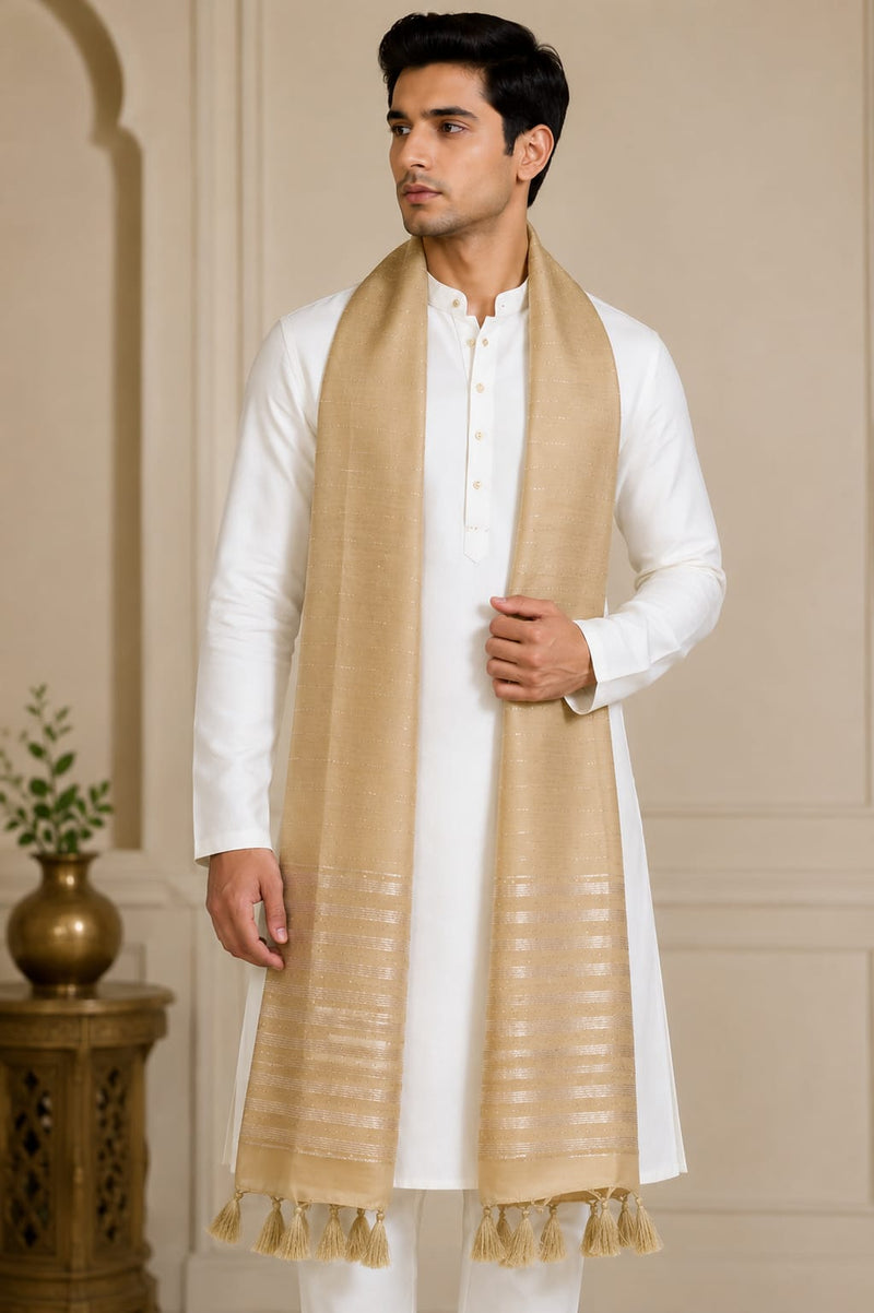 Chanderi Cotton Men’s Sherwani Dupatta with Zari Border & Tassels