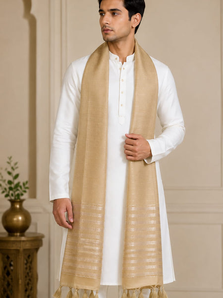 Chanderi Cotton Men’s Sherwani Dupatta with Zari Border & Tassels