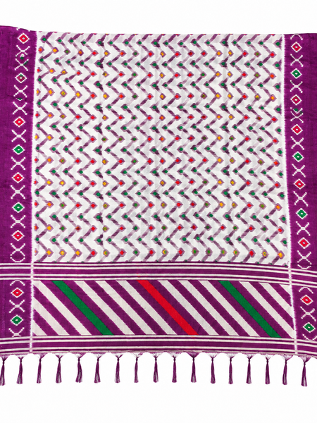 White & Purple Art Silk Zigzag Printed Dupatta with Border and Tassels for Women
