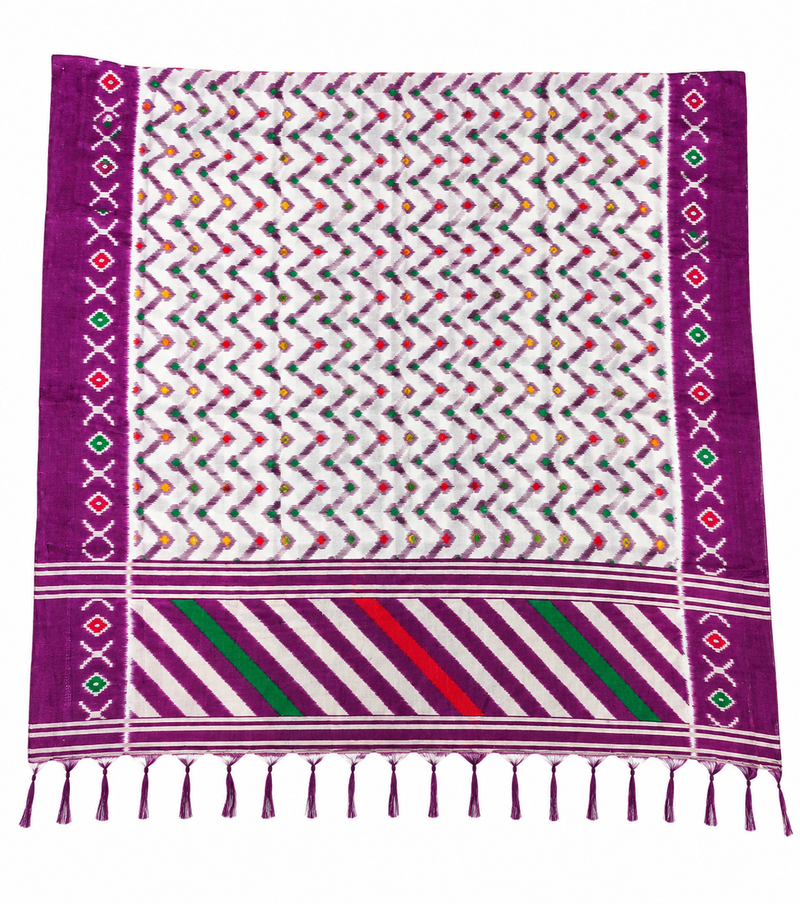 White & Purple Art Silk Zigzag Printed Dupatta with Border and Tassels for Women