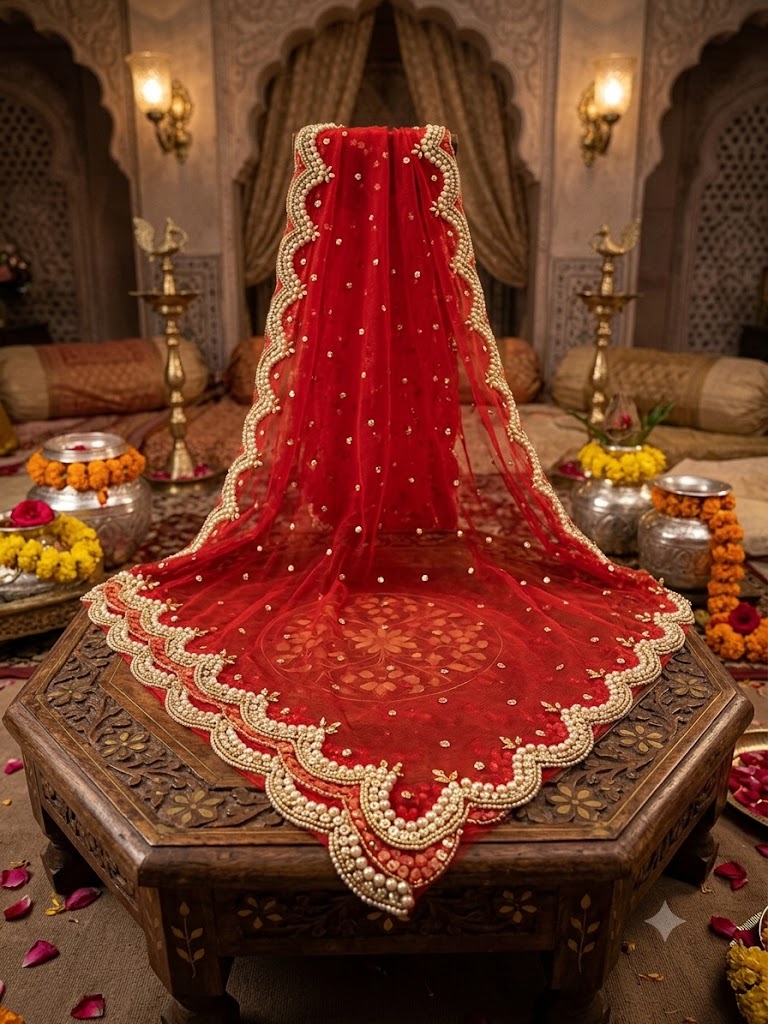 Red Net Bridal Dupatta with Scalloped Cut Work Border
