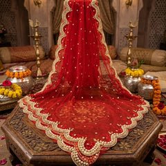 Red Net Bridal Dupatta with Scalloped Cut Work Border