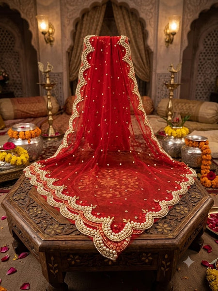 Red Net Bridal Dupatta with Scalloped Cut Work Border