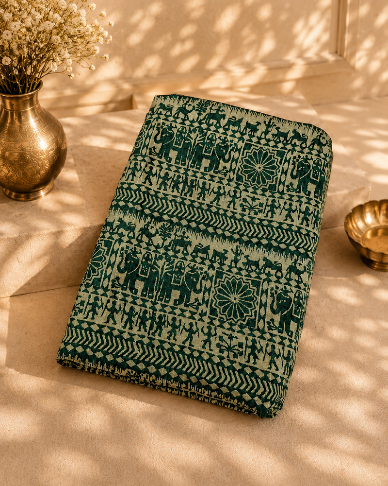 Bottle Green Art Silk Printed Dupatta with Ethnic Elephant Motif Design