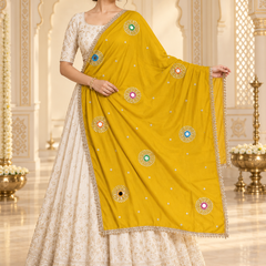Mustard Yellow Chinon Dupatta with Mirror & Sequin Work and Gold Lace Border