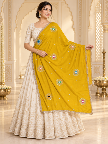 Mustard Yellow Chinon Dupatta with Mirror & Sequin Work and Gold Lace Border